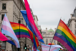 People wave pride flags at a pride event